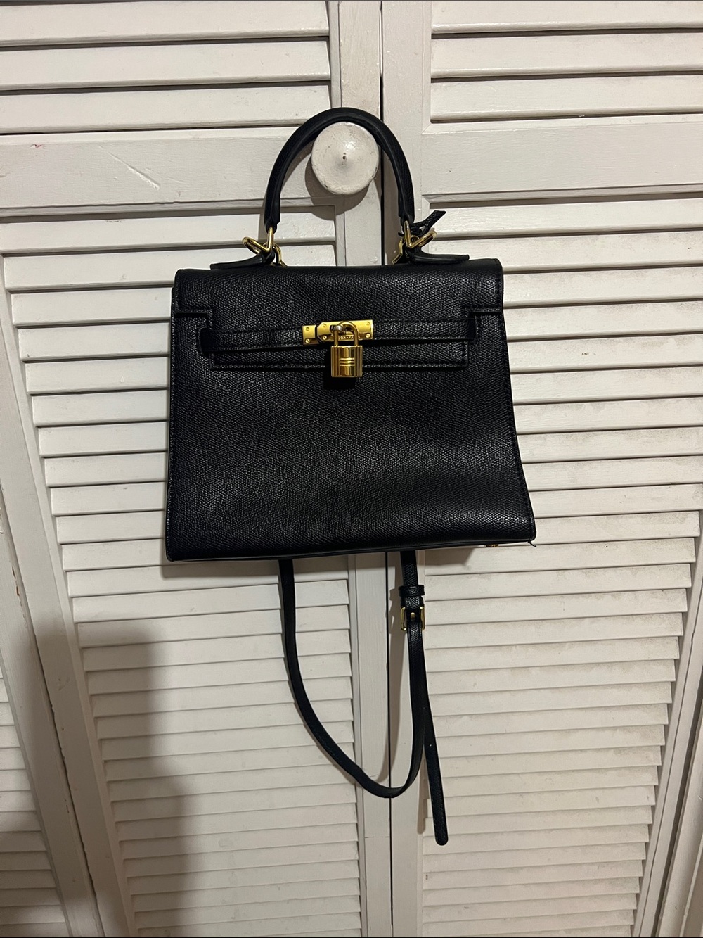 Classic Black Structured Satchel with Gold Lock Detail